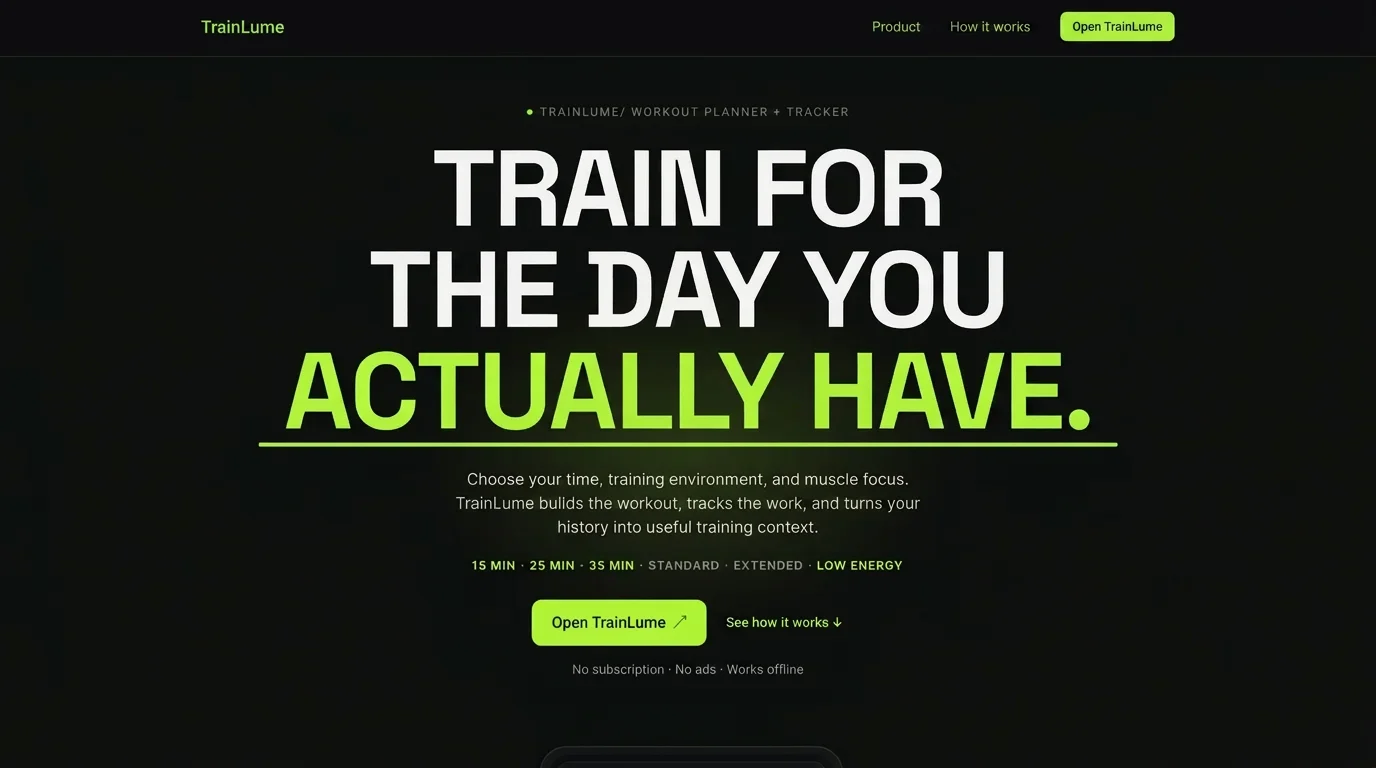 Trainlume workout planner and tracker marketing homepage screenshot
